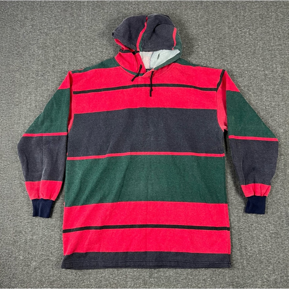 Vintage Rugby Stripe Hoodie Men's Large Red Green Navy Faded Base Camp Made USA